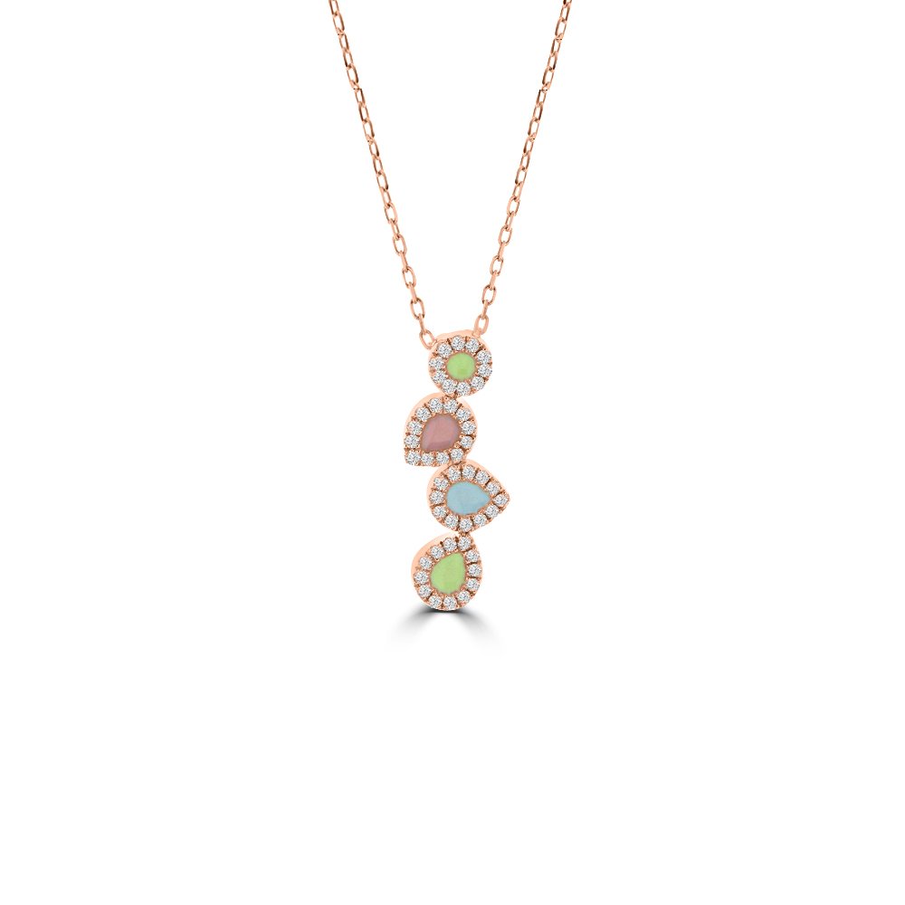 Diamond Enamel Quartet Geometric Drop Pendant with Chain