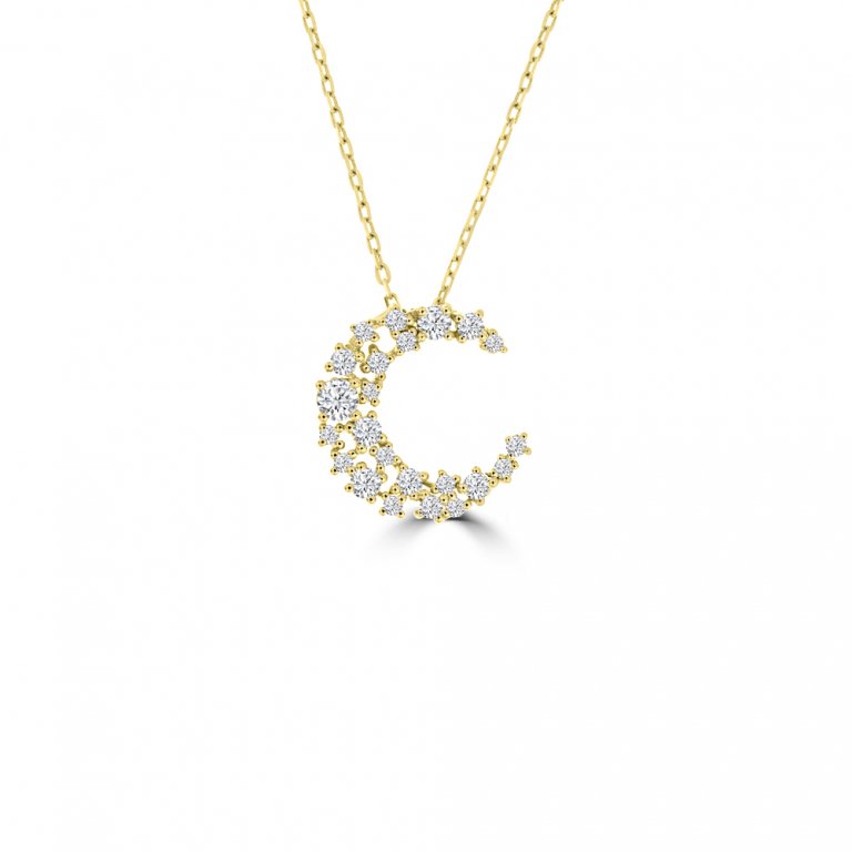 Diamond Spinkle Crescent Pendant with Chain in 18K Yellow Gold