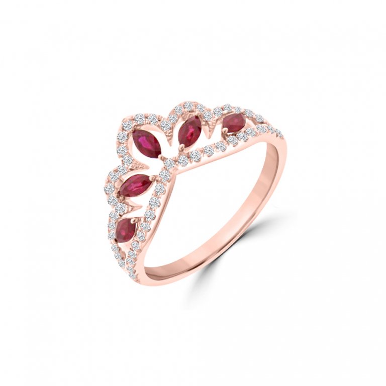 Marquise Ruby Diamond Lace Crown Ring in 18K White Gold, 18K Rose Gold