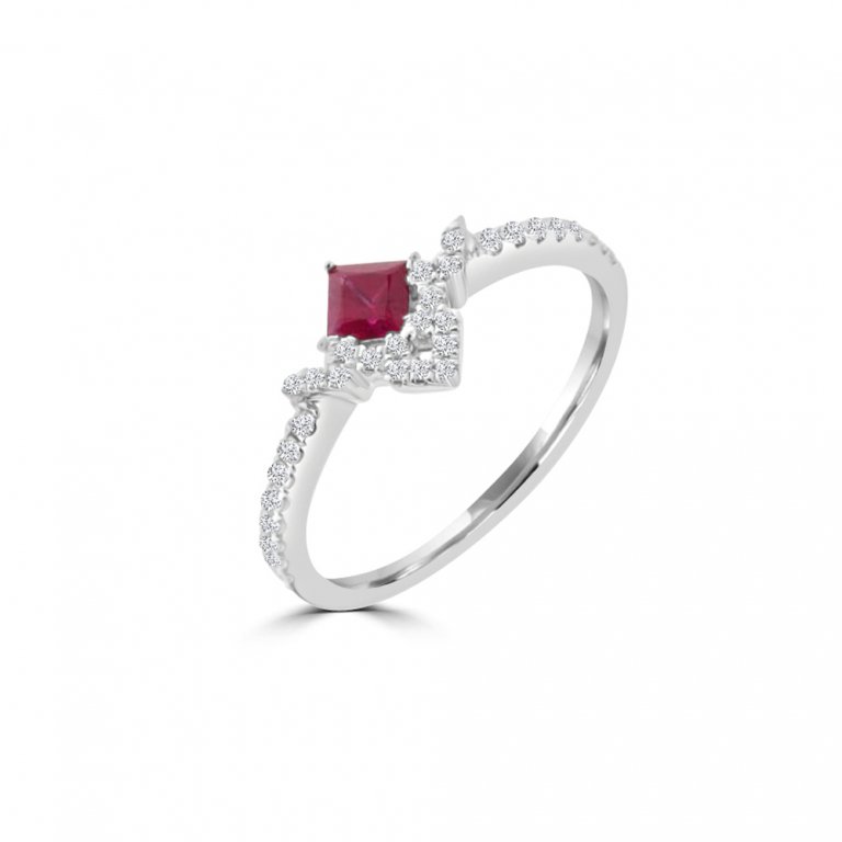 Ruby Diamond Fancy Square Half Halo Ring in 18K White Gold