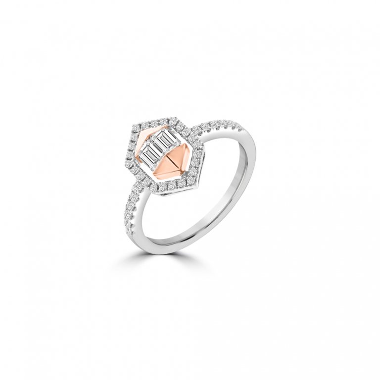 Baguette Diamond Polygon Halo Ring in 18K White Gold, 18K Rose Gold