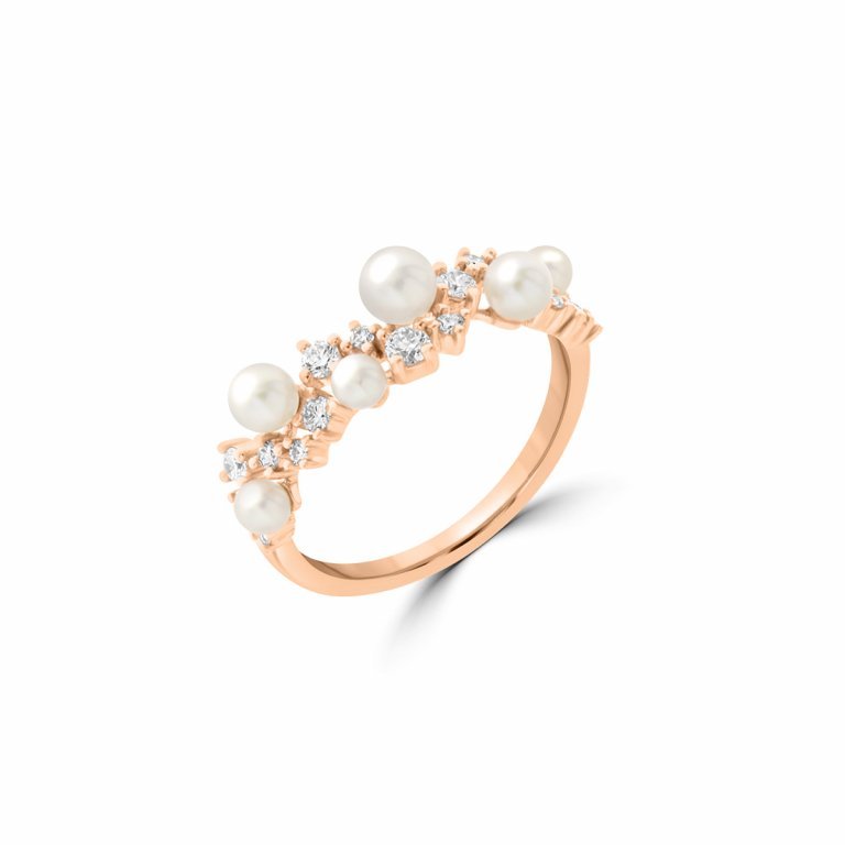 Akoya Pearl Diamond Sprinkle Cluster Ring in 18K Rose Gold