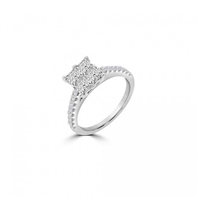 Diamond Princess Cut Cluster Pavé Ring (L) in 18K White Gold