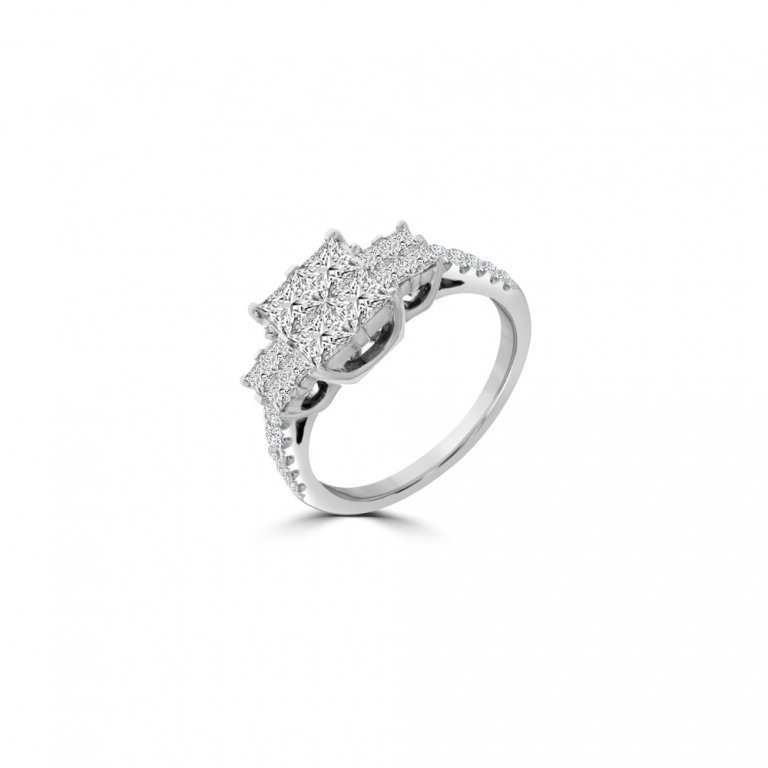 Diamond Princess Cut Cluster Pavé Ring in 18K White Gold