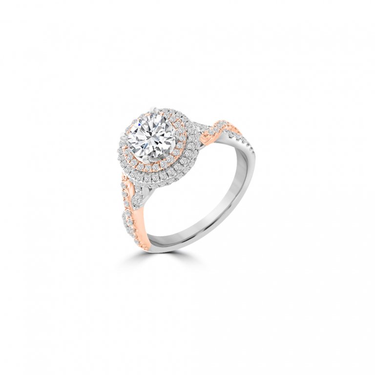 Diamond Halo Twisted Band Engagement Ring in 14K White Gold, 14K Rose Gold