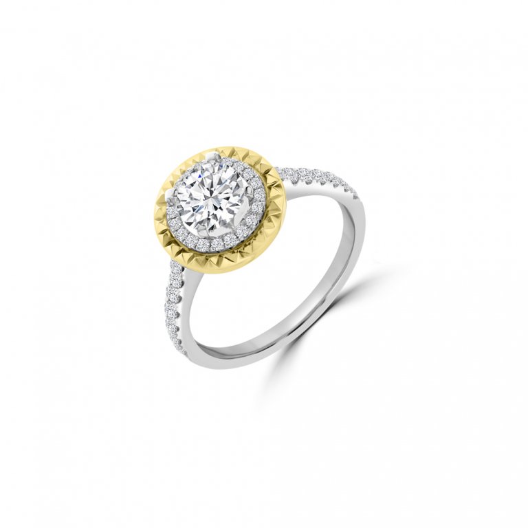 Diamond Engraved Halo Engagement Ring in 14K White Gold, 14K Yellow Gold