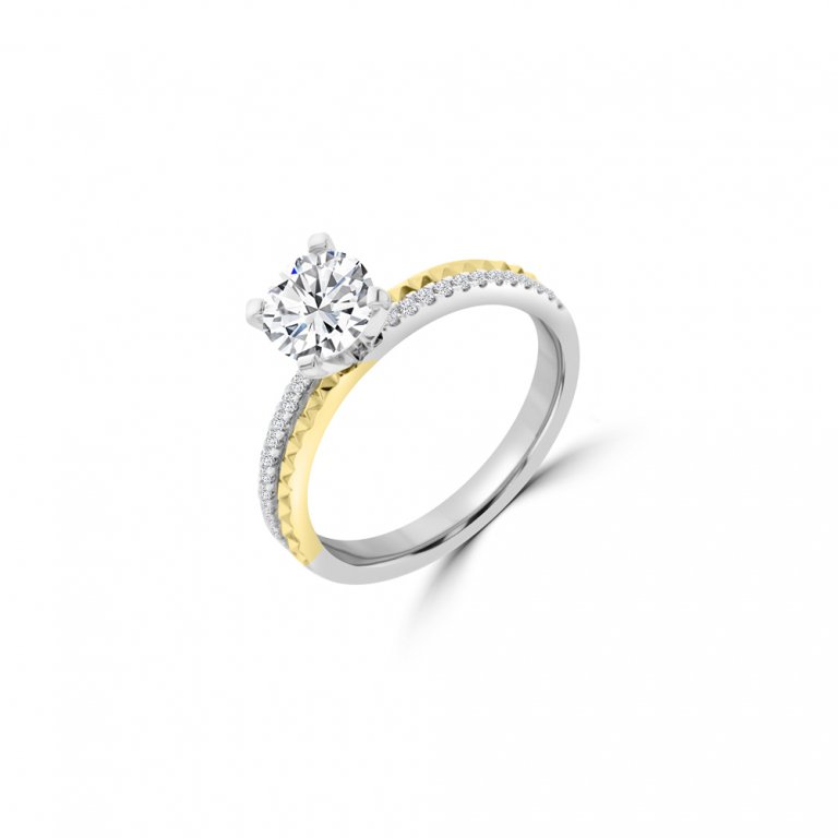 Diamond Engraved Engagement Ring in 14K White Gold, 14K Yellow Gold