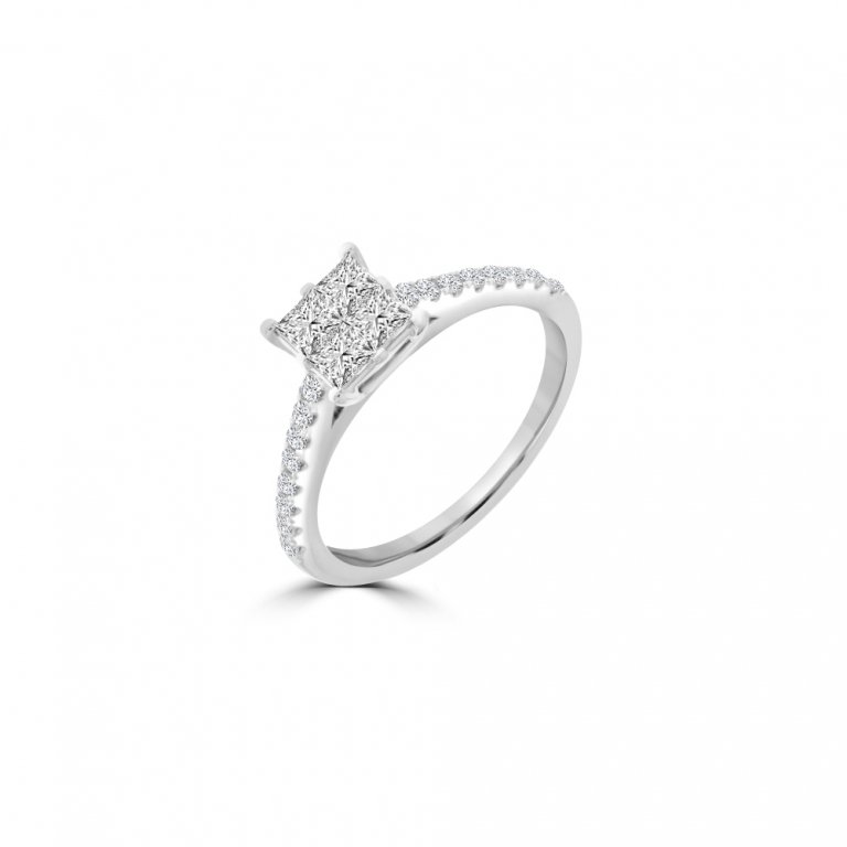 Diamond Princess Cut Cluster Pavé Ring (M) in 18K White Gold