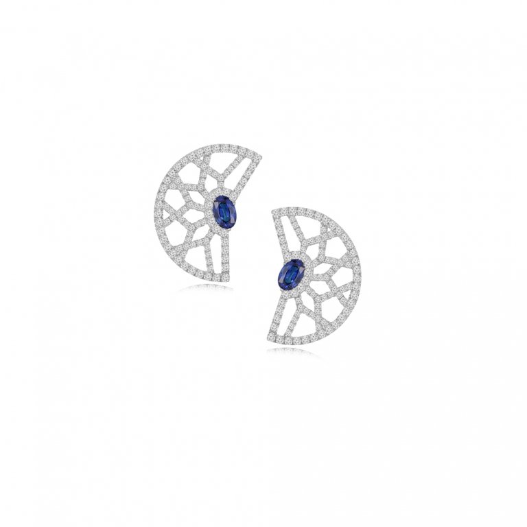 Sapphire Diamond Crescent Earrings in 18K White Gold