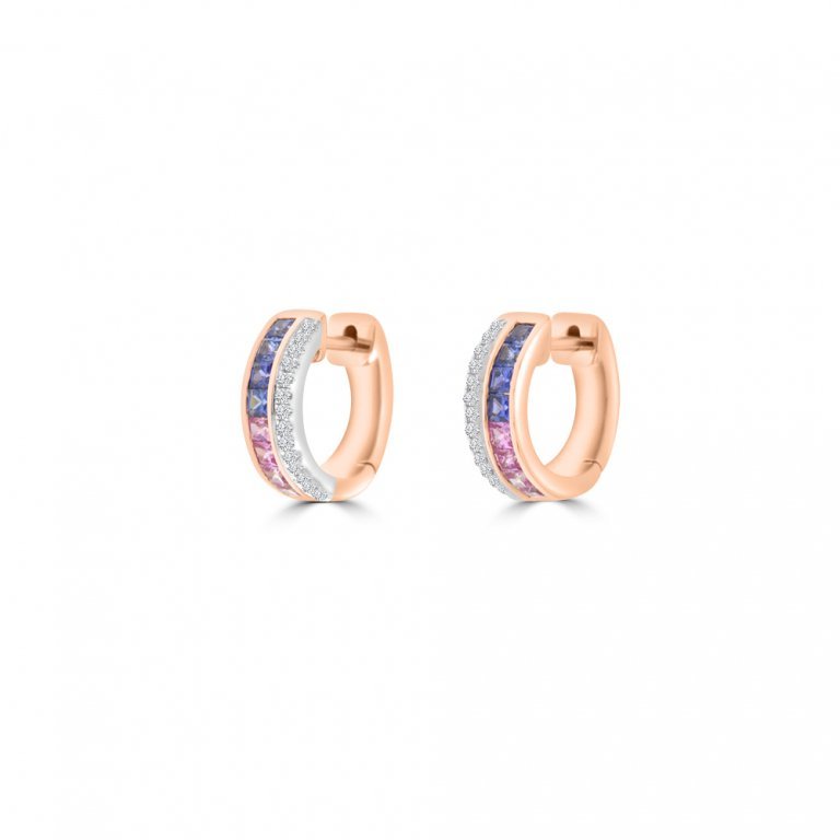 Rainbow Sapphire Diamond Huggie Earrings 18K White Gold, 18K Rose Gold