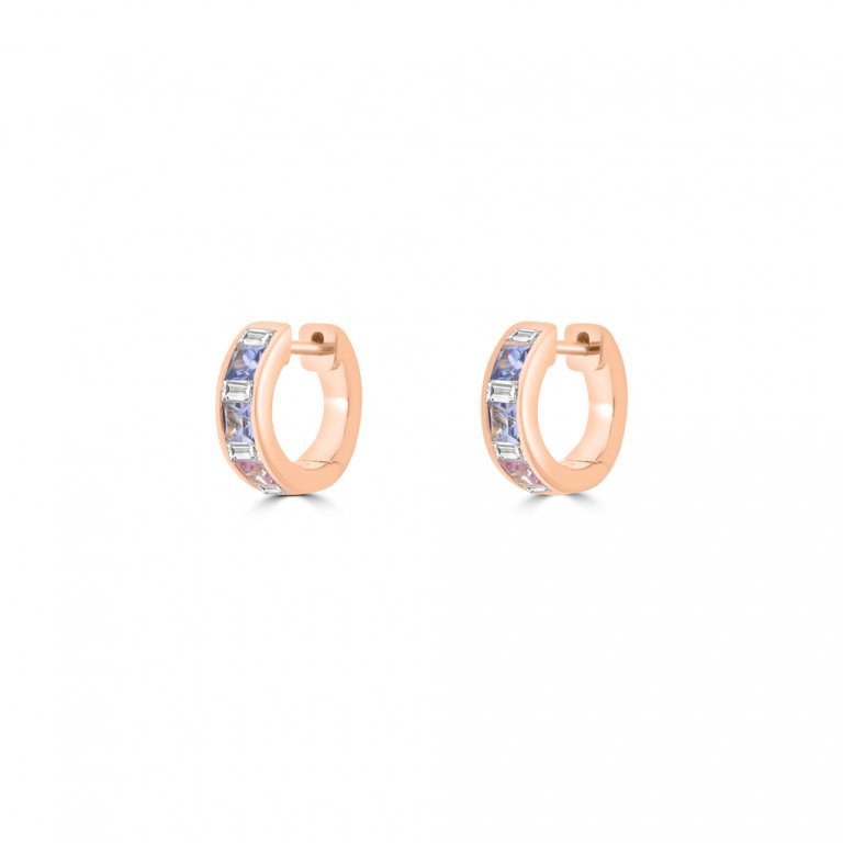 Rainbow Sapphire Diamond Huggie Earrings in 18K Rose Gold