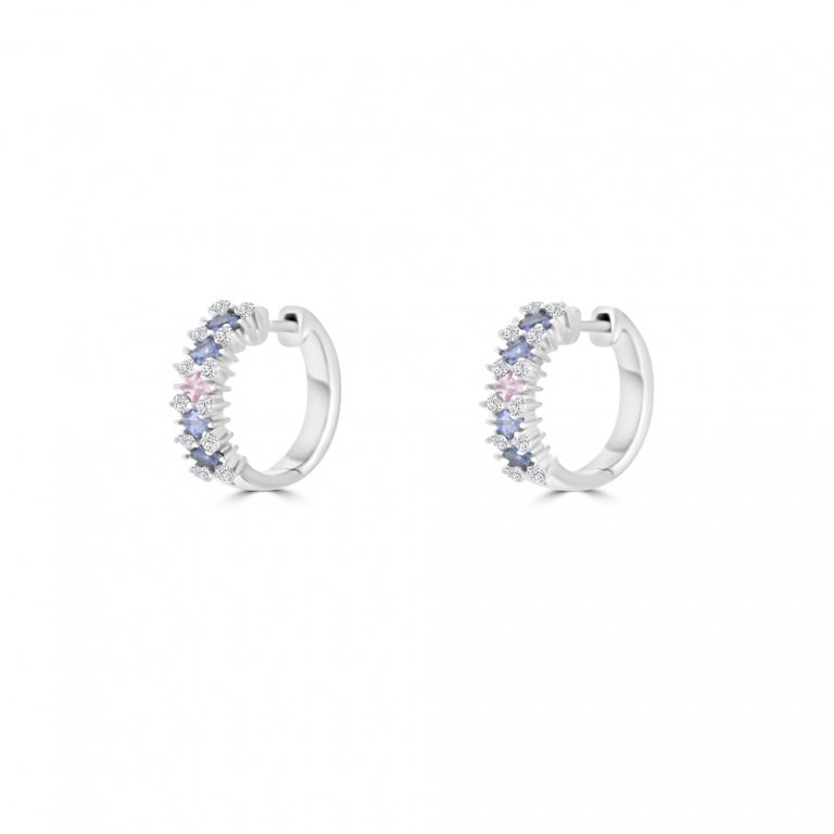 Rainbow Sapphire Diamond Huggie Earrings 18K White Gold