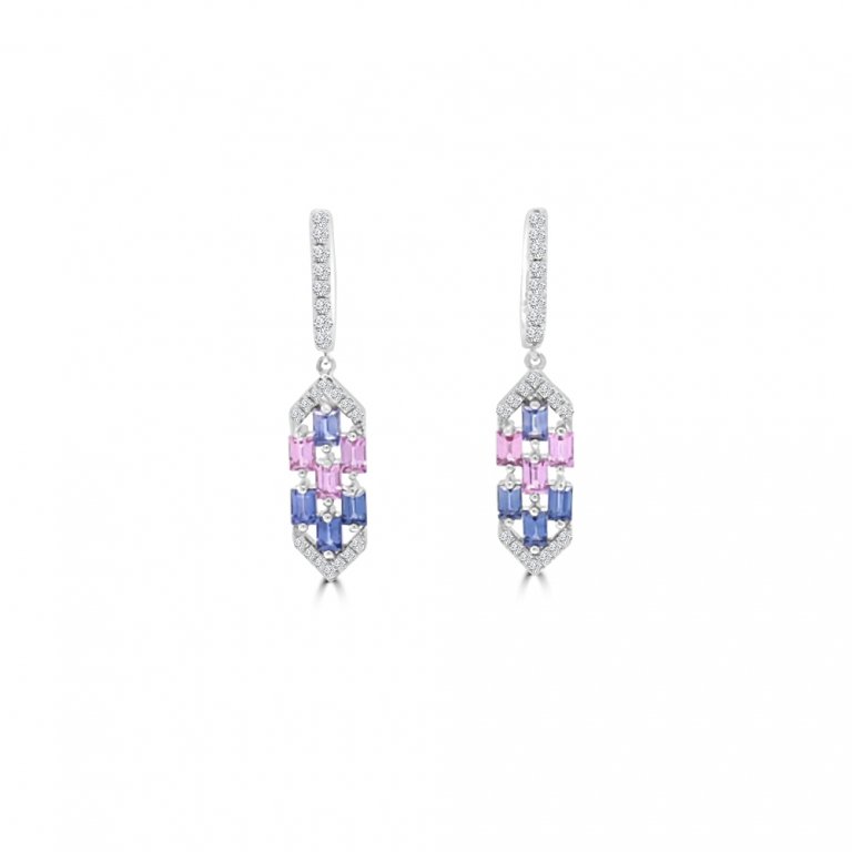 Rainbow Sapphire Diamond Drop Earrings 18K White Gold