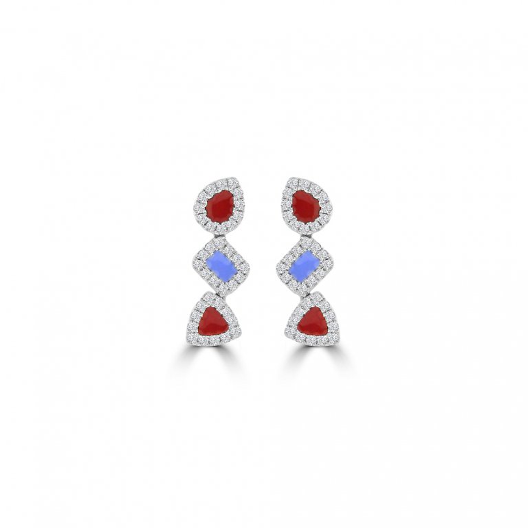 Diamond Enamel Trio Geometric Drop Earrings in 14K White Gold