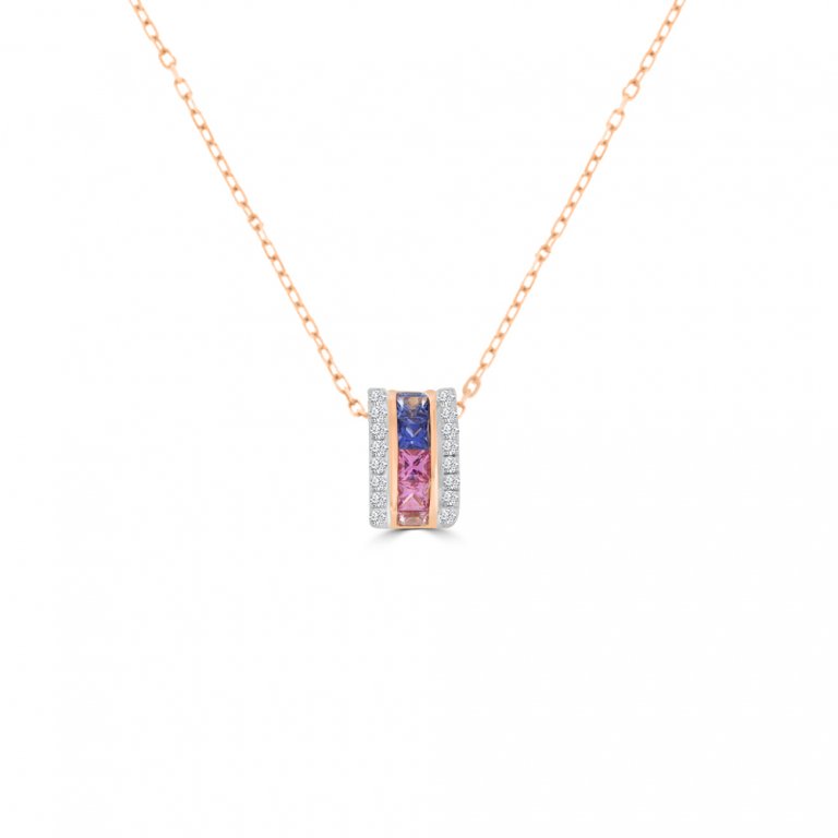 Rainbow Sapphire Diamond Barrel Pendant with Chain in 18K White Gold, 18K Rose Gold