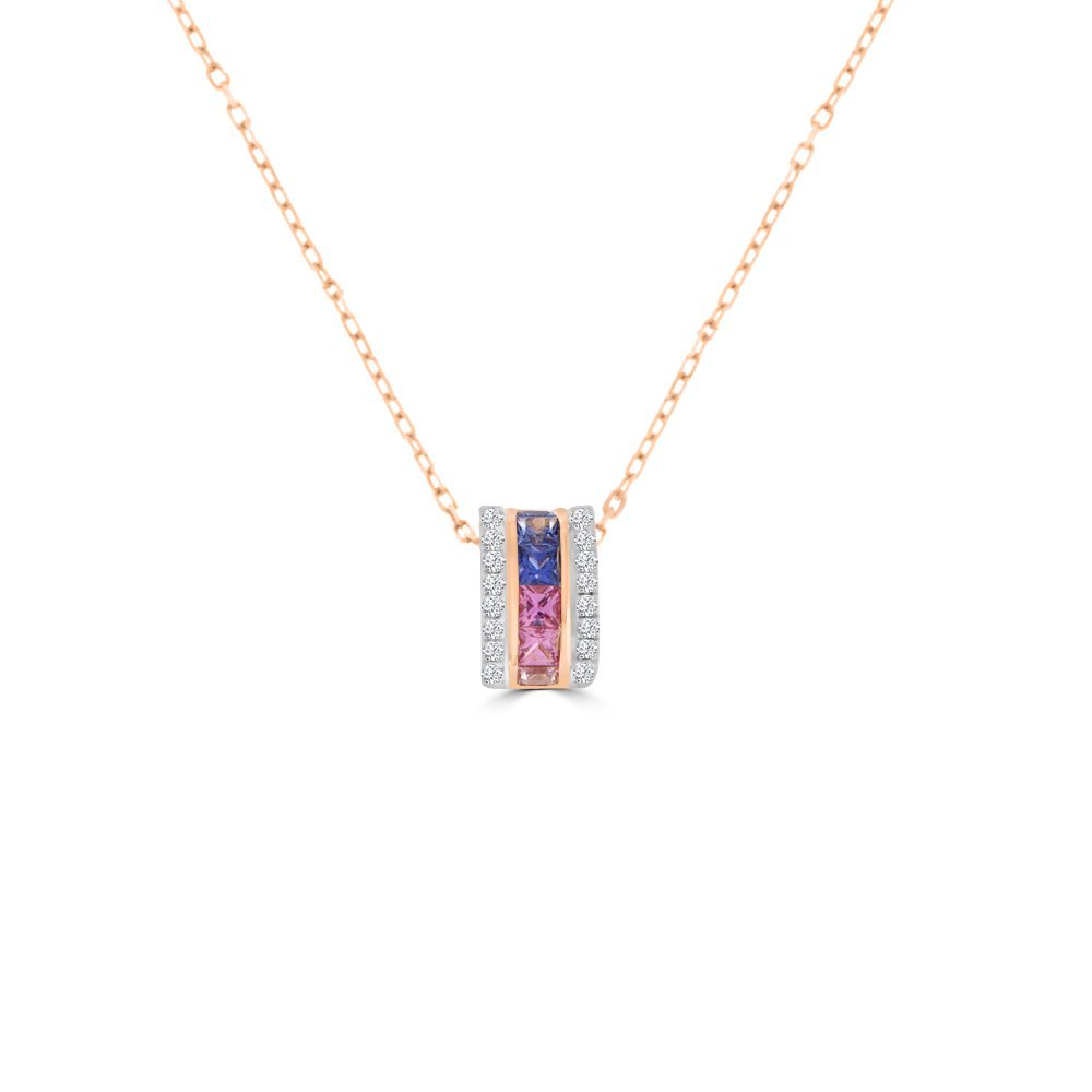 Rainbow Sapphire Diamond Barrel Pendant with Chain