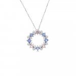 Rainbow Sapphire Diamond Open Circle Pendant with Chain in 18K White Gold