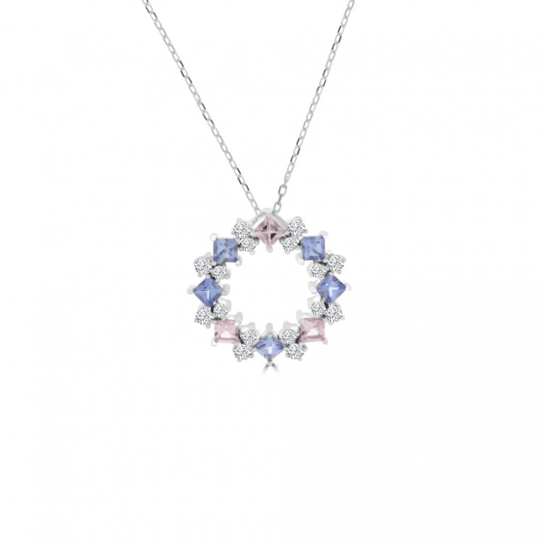 Rainbow Sapphire Diamond Open Circle Pendant with Chain in 18K White Gold
