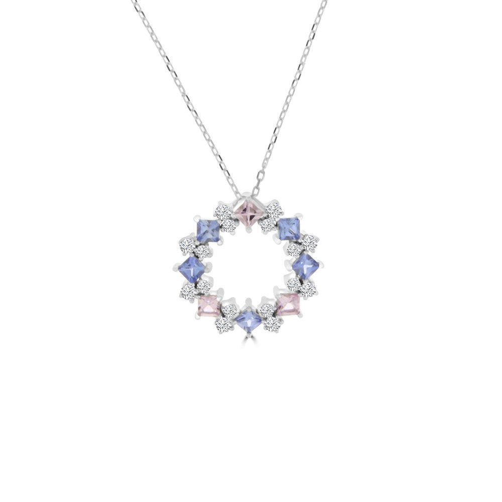 Rainbow Sapphire Diamond Open Circle Pendant with Chain in 18K White Gold