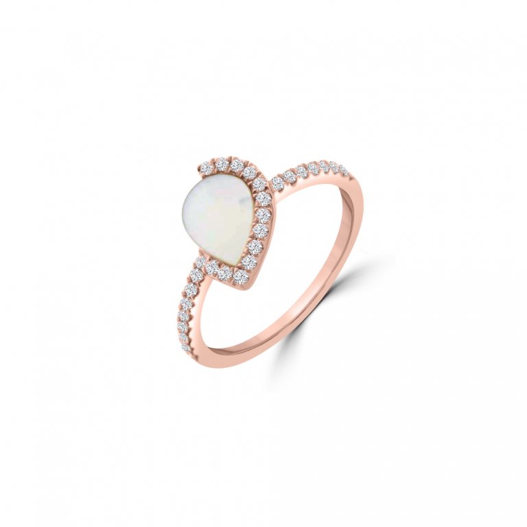 White Mother of Pearl Diamond Pear Half Halo Ring in 18K Rose Gold
