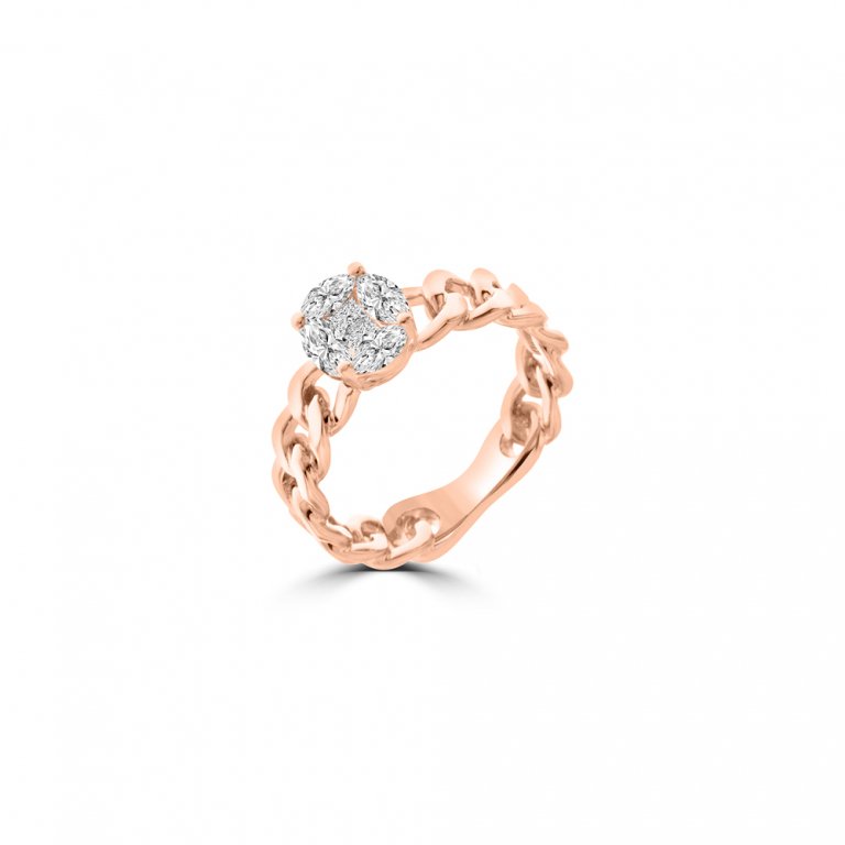 Diamond Curb Chain Ring In 18K Rose Gold