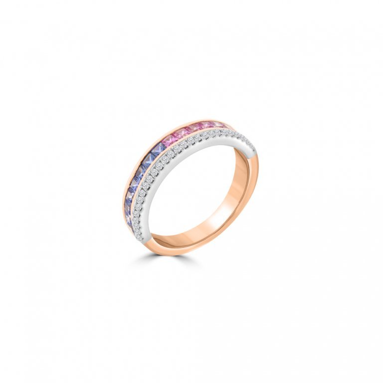 Rainbow Sapphire Diamond Ring in 18K Rose Gold, 18K White Gold