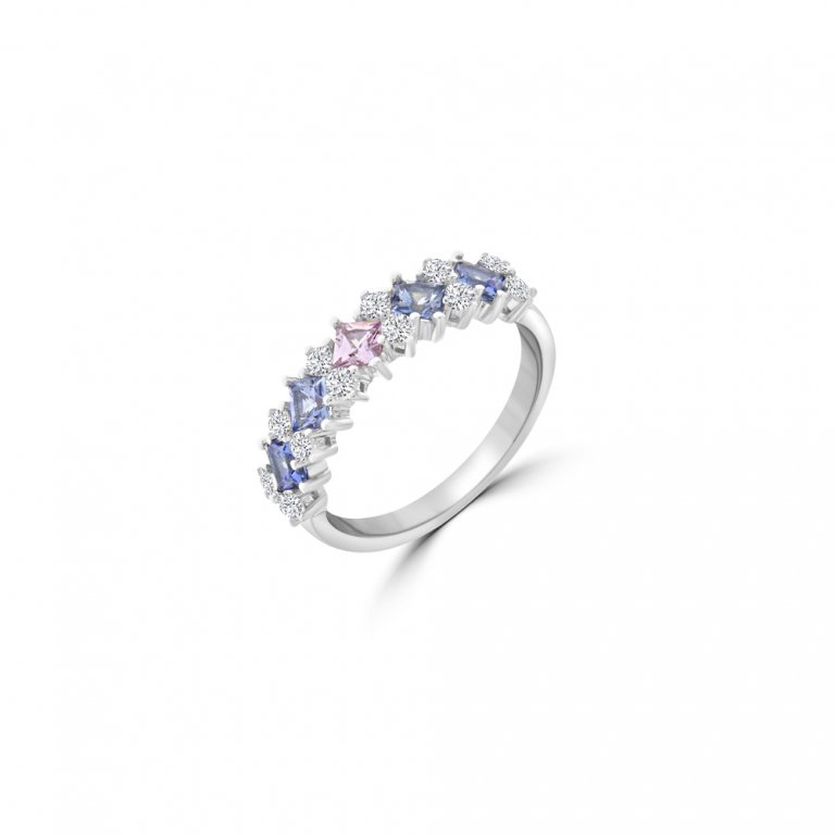 Rainbow Sapphire Diamond Ring in 18K White Gold
