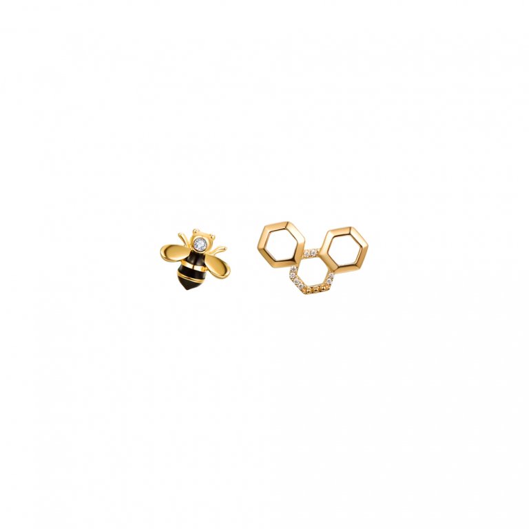 Diamond Honeycomb Enamel Honeybee Stud Earrings in 18K Yellow Gold