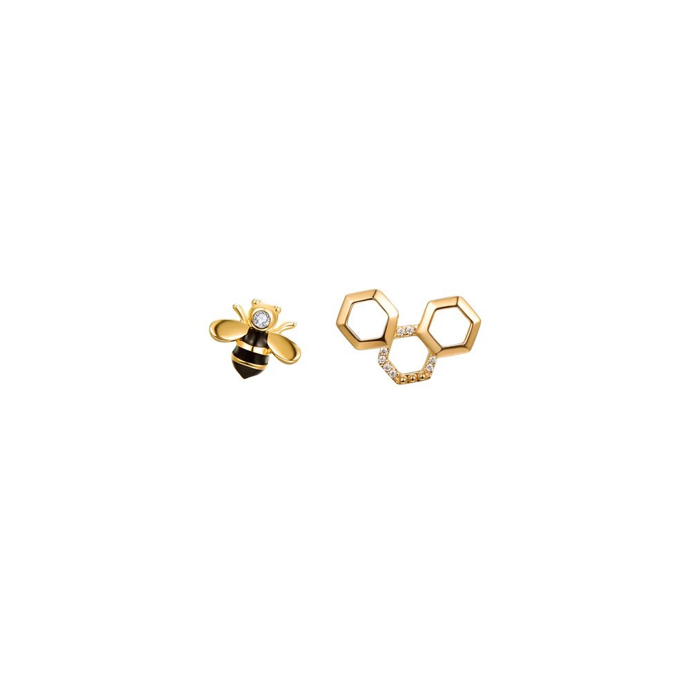 Diamond Honeycomb Enamel Honeybee Stud Earrings