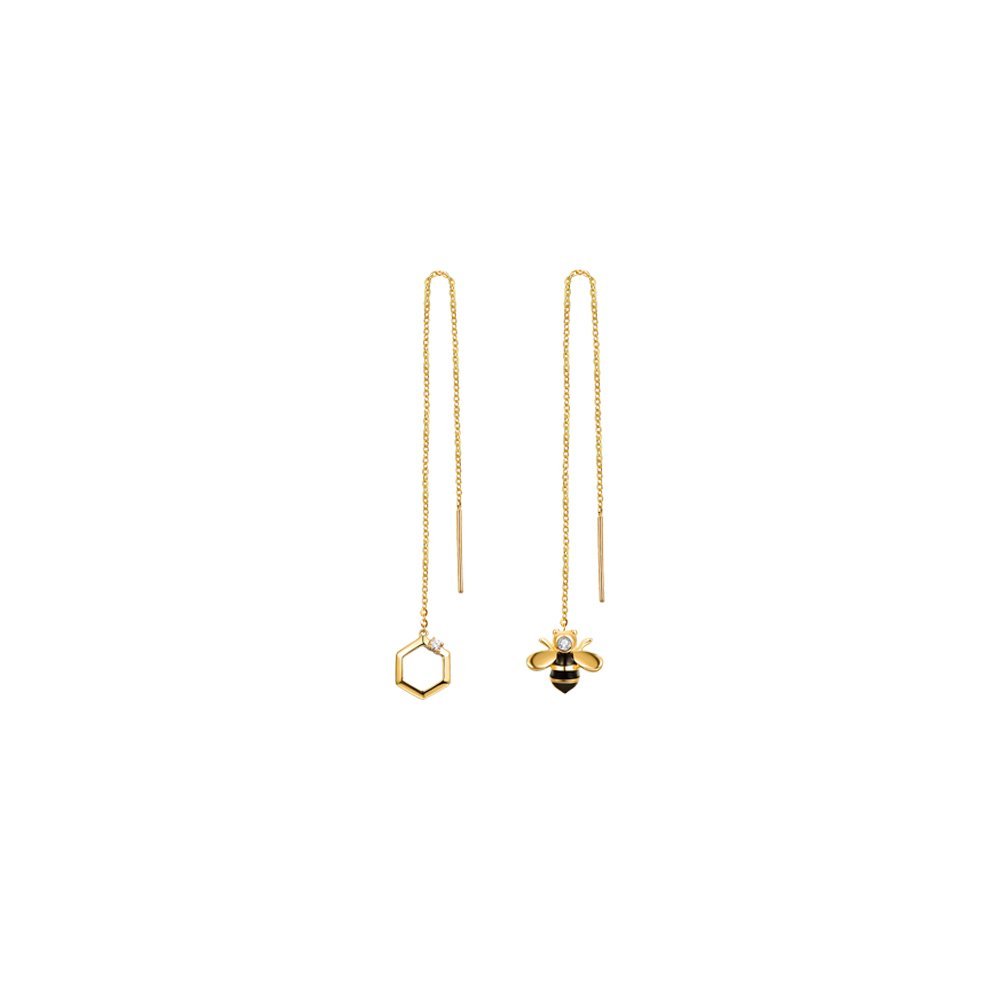 Diamond Honeycomb Enamel Honeybee Drop Earrings in 18K Yellow Gold