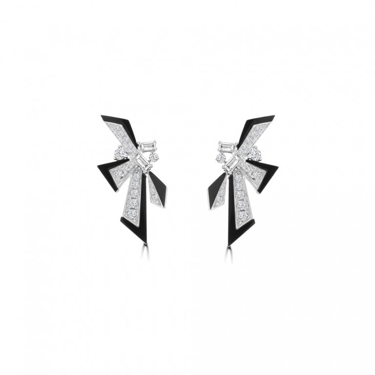 Black Agate Diamond Geometric Drop Earrings in 18K White Gold