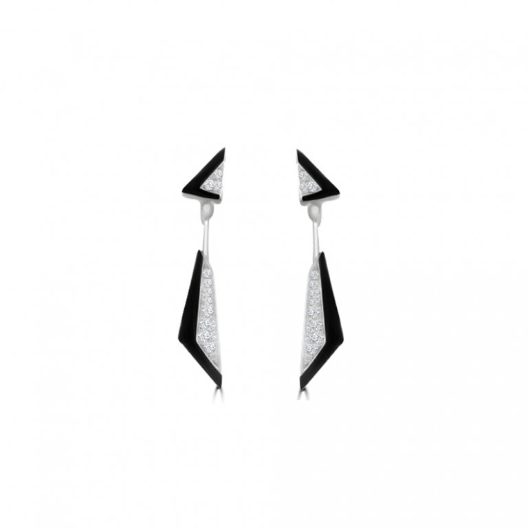 Black Agate Diamond Geometric Drop Earrings in 18K White Gold