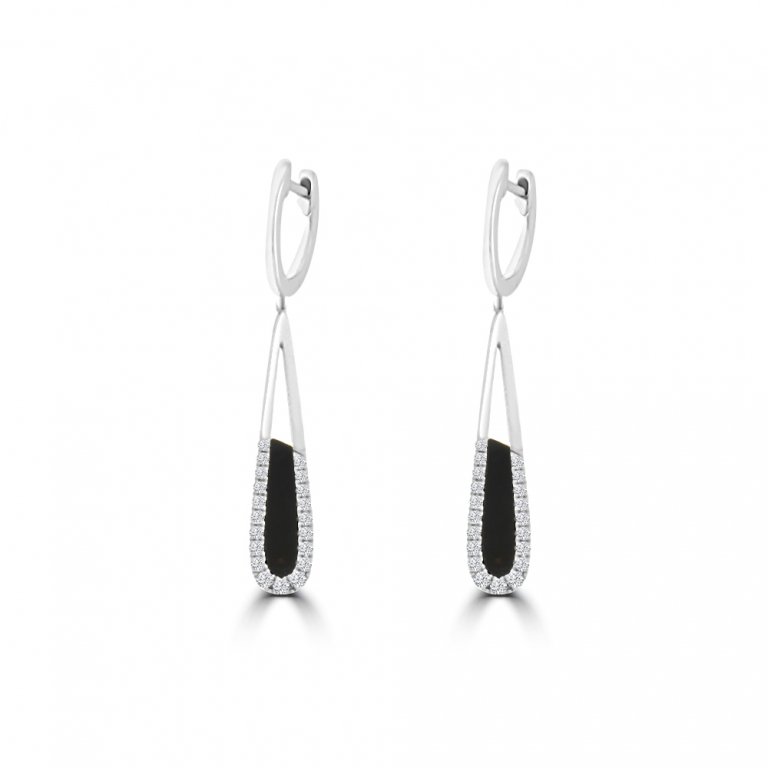 Black Agate Diamond Huggie Drop Earrings in 18K White Gold