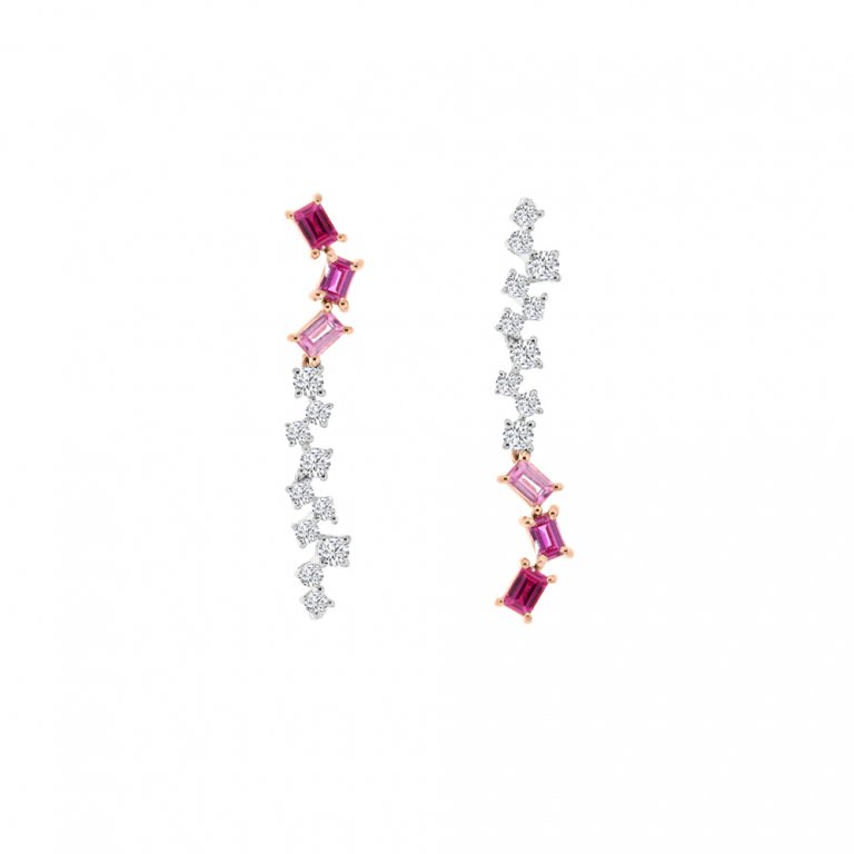 Ombré Pink Sapphire Ruby Diamond Drop Earrings in 18K White Gold, 18K Rose Gold