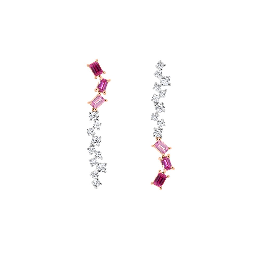 Ombré Pink Sapphire Ruby Diamond Drop Earrings in 18K White Gold, 18K Rose Gold