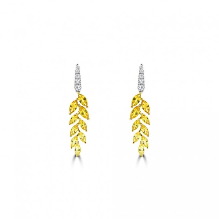Ombré Yellow Sapphire Diamond Vine Drop Earrings in 18K White Gold, 18K Yellow Gold