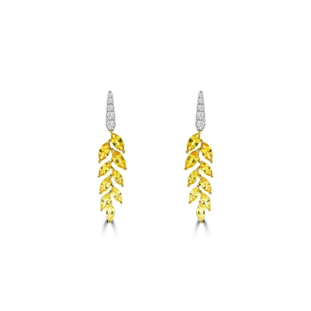 Ombré Yellow Sapphire Diamond Vine Drop Earrings in 18K White Gold, 18K Yellow Gold