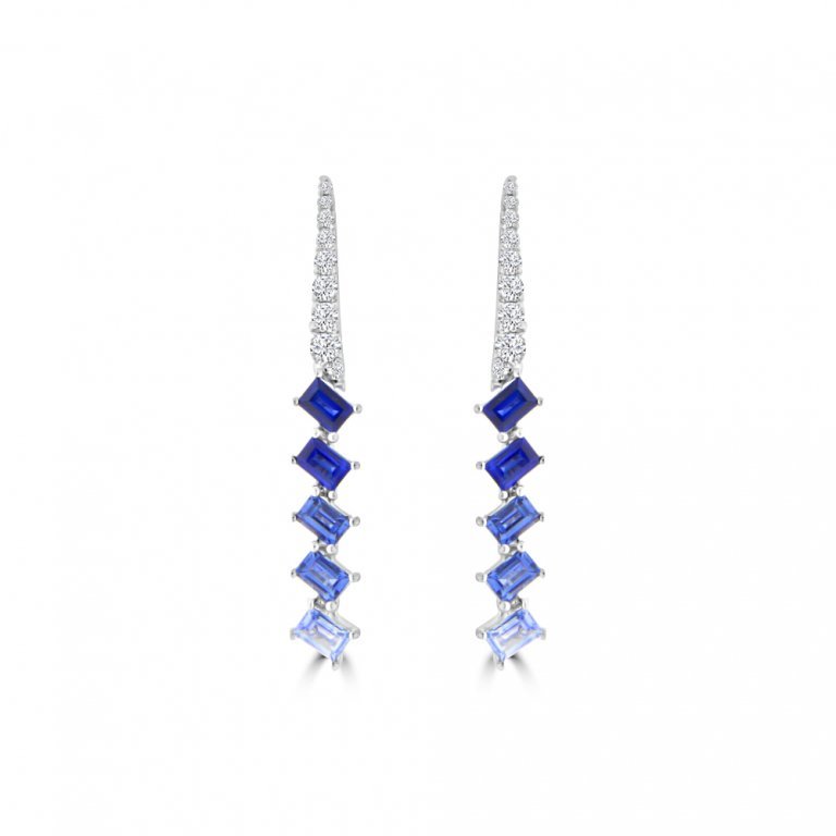 Ombré Sapphire Diamond Drop Earrings in 18K White Gold