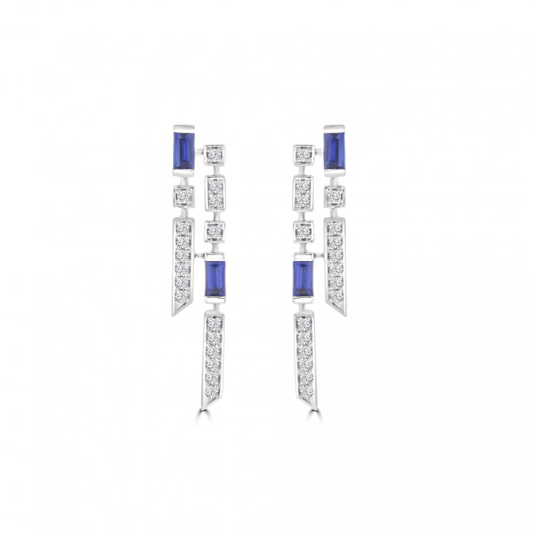 Sapphire Diamond Cascade Drop Earrings in 18K White Gold