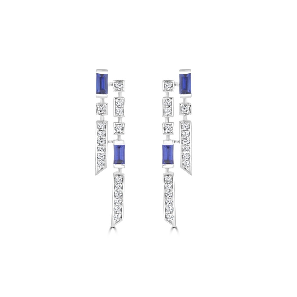 Sapphire Diamond Cascade Drop Earrings in 18K White Gold