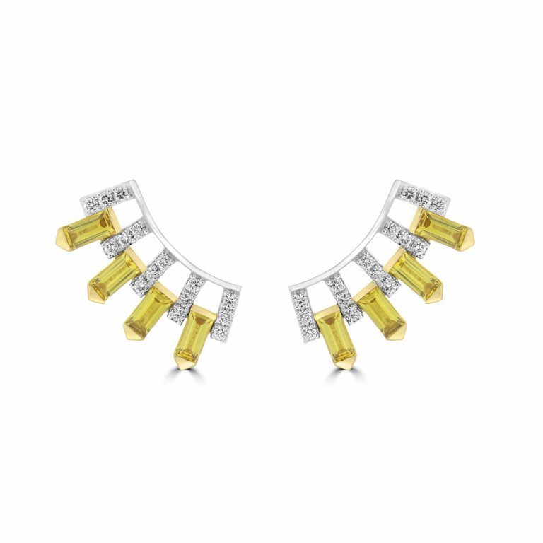 Yellow Sapphire Diamond Sunburst Earrings in 18K White Gold, 18K Yellow Gold