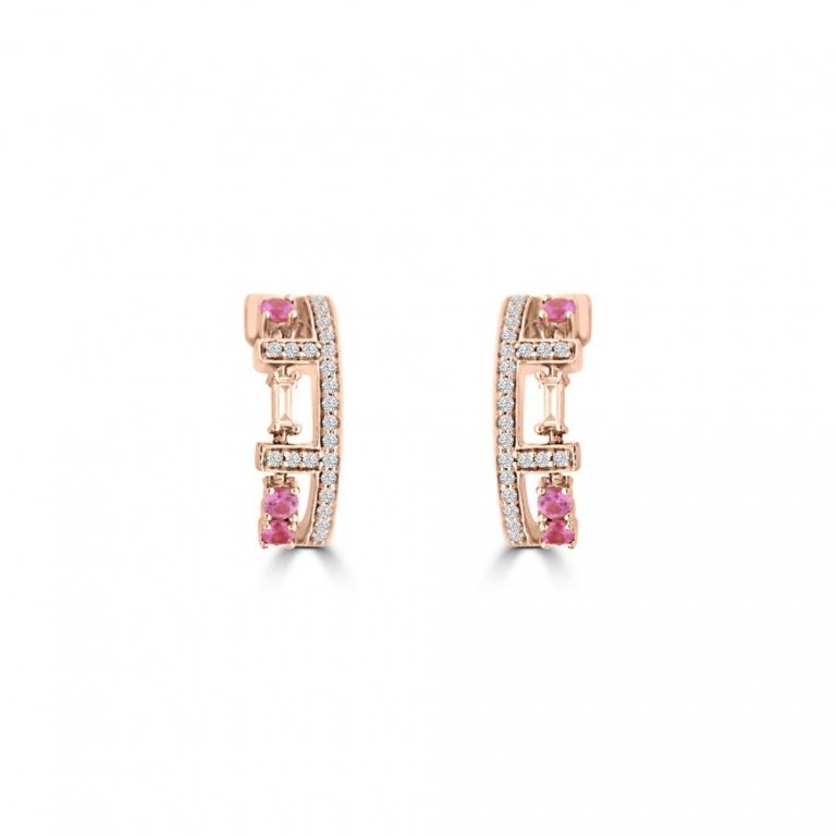Pink Sapphire Diamond Half Huggie Earrings in 18K Rose Gold