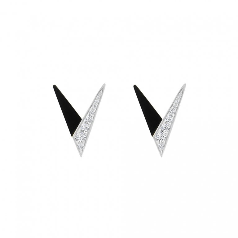 Black Agate Diamond V-Shaped Stud Earrings