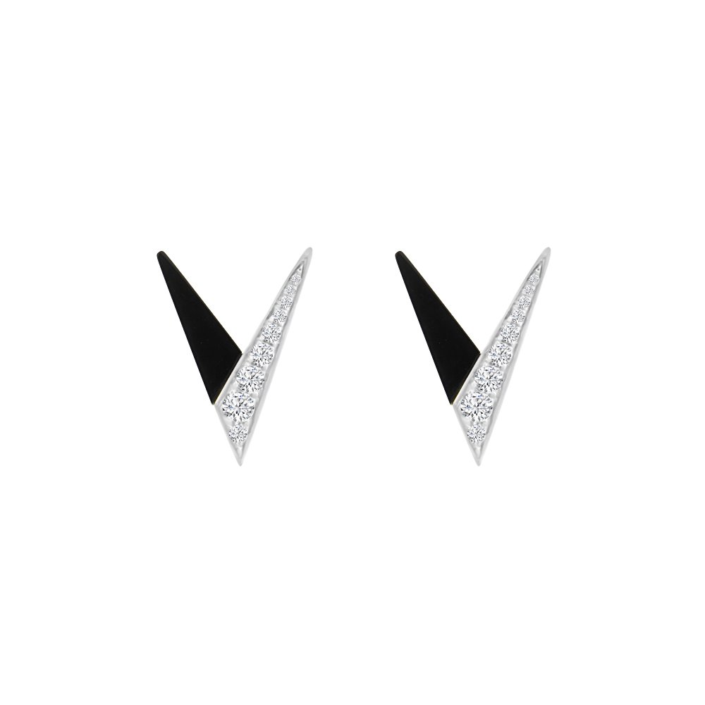 Black Agate Diamond V-Shaped Stud Earrings