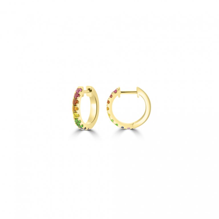 Rainbow Sapphire Green Garnet Claw Set Huggie Earrings in 18K Yellow Gold