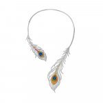 Rainbow Sapphire Diamond Peacock Feather Necklace in 18K White Gold, 18K Yellow Gold