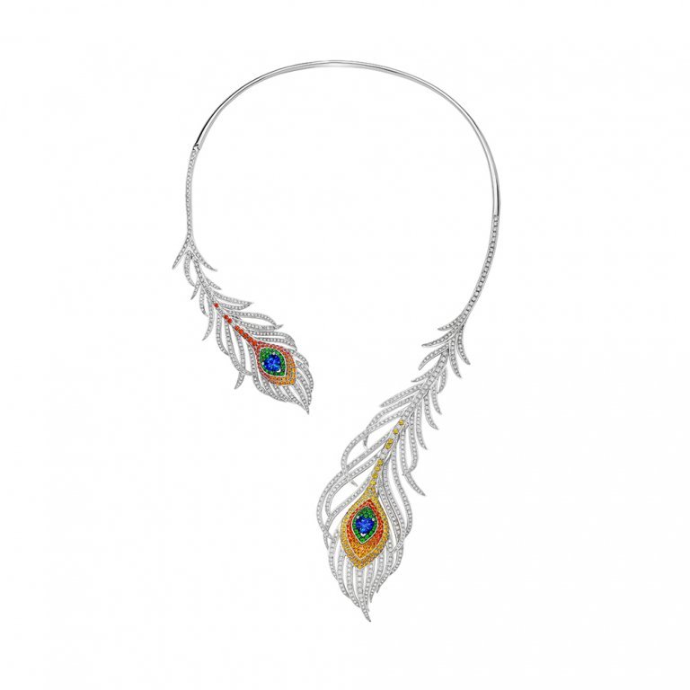 Rainbow Sapphire Diamond Peacock Feather Necklace in 18K White Gold, 18K Yellow Gold