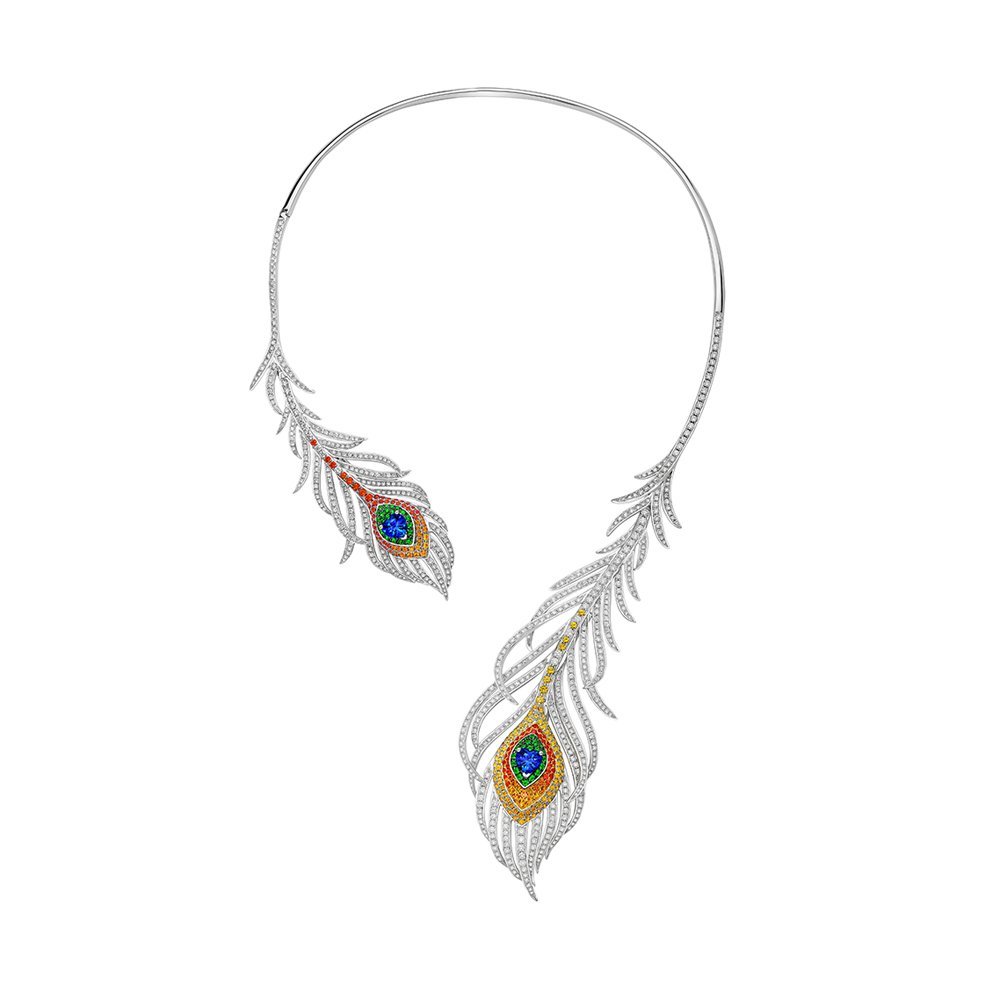 Rainbow Sapphire Diamond Peacock Feather Necklace in 18K White Gold, 18K Yellow Gold