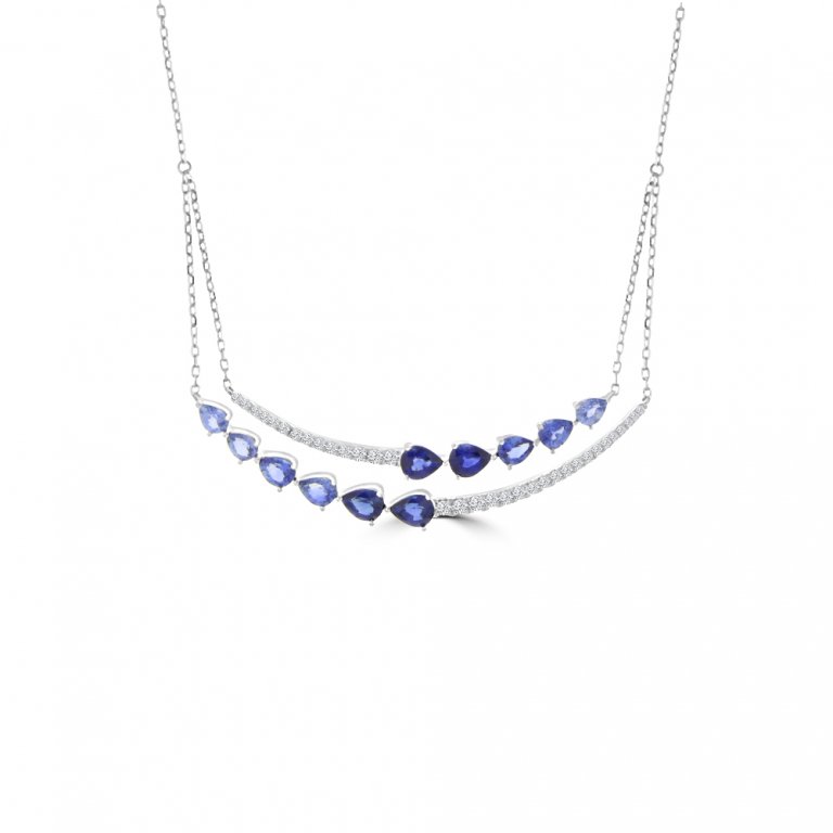 Ombré Sapphire Diamond Curve Necklace in 18K White Gold