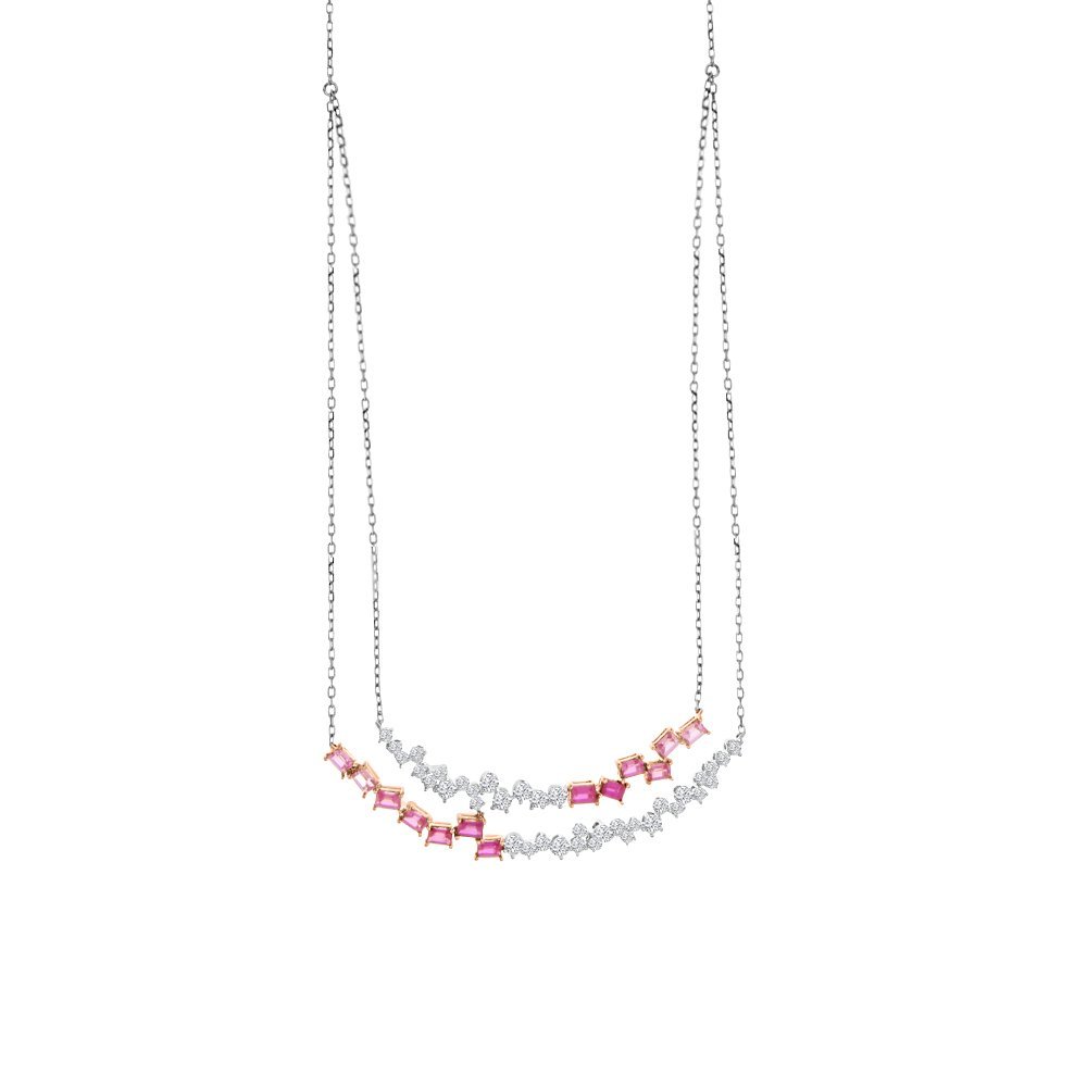 Ombré Pink Sapphire Ruby Diamond Curve Necklace in 18K White Gold, 18K Rose Gold